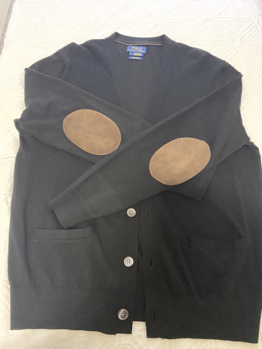 Polo Ralph Lauren Black Cardigan with Suede Elbow Patches-NEW - photo 2