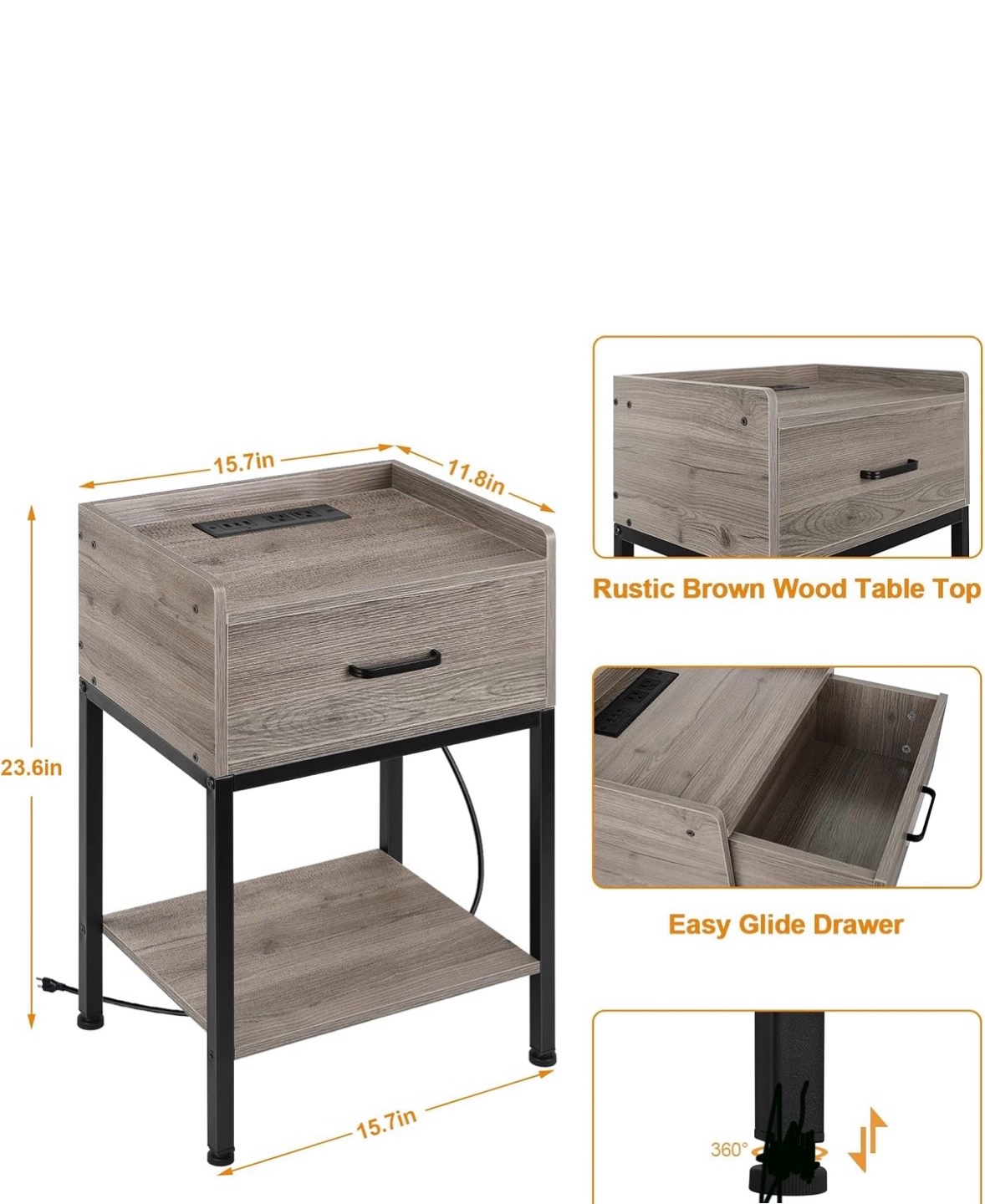 Nightstand with Built-In Outlets and Drawer - photo 5