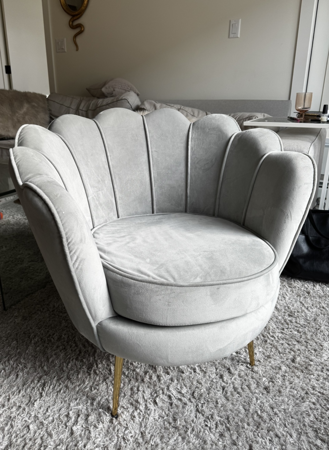 Grey Velvet Scalloped Accent Chair