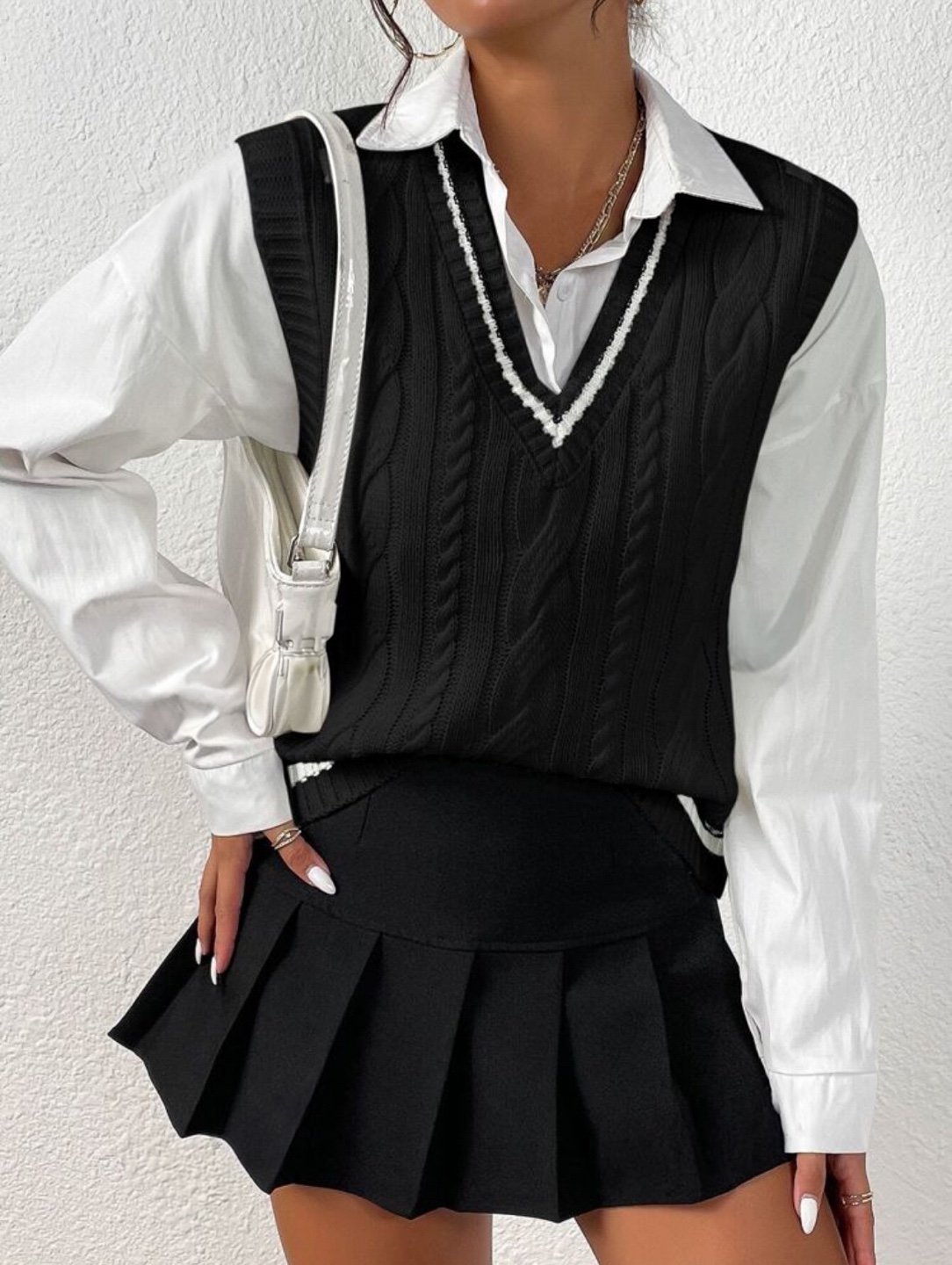 Black Cable Knit V-Neck Sweater Vest