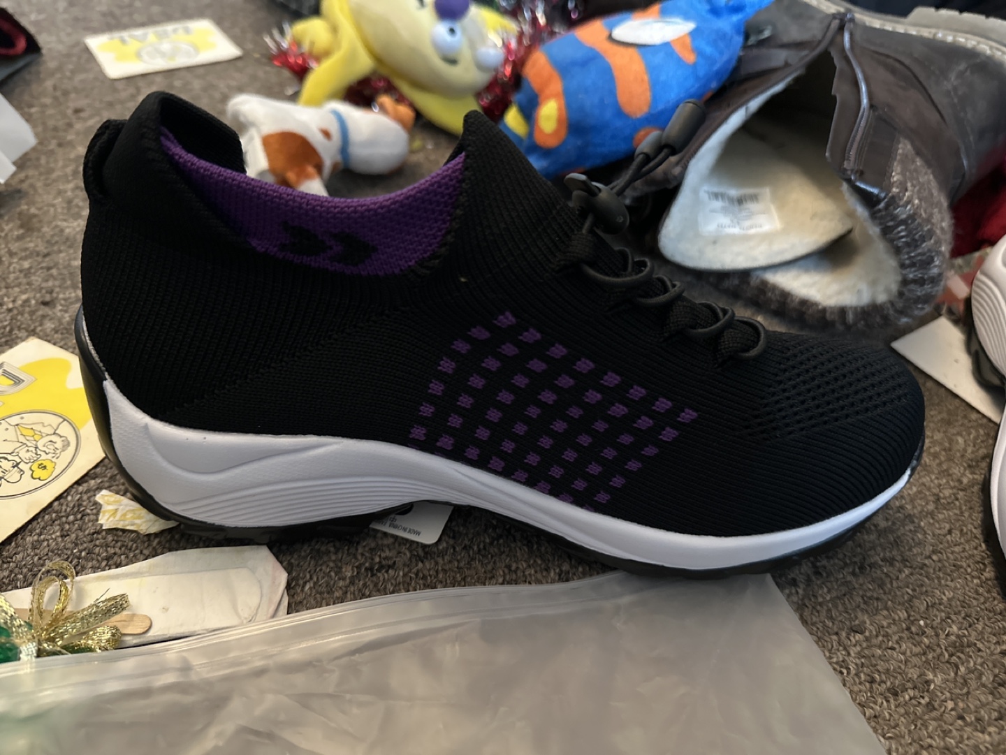 Black Knit Slip-on Sneakers with Purple Detail