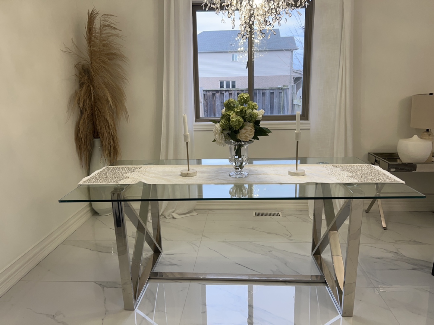 Glass Dining Table with Silver Base