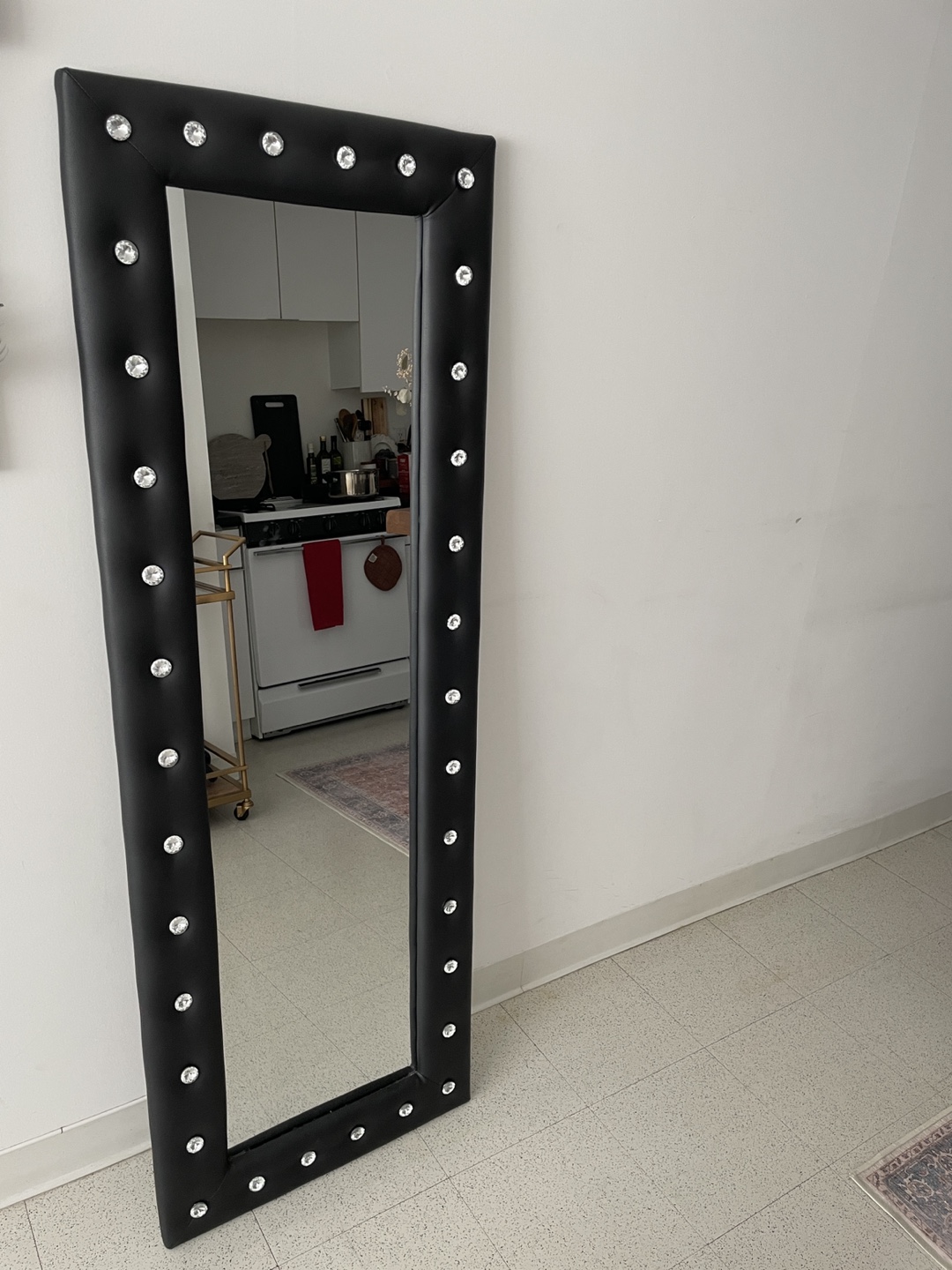 Faux Black Leather Full Length Mirror with Rhinestone Trim
