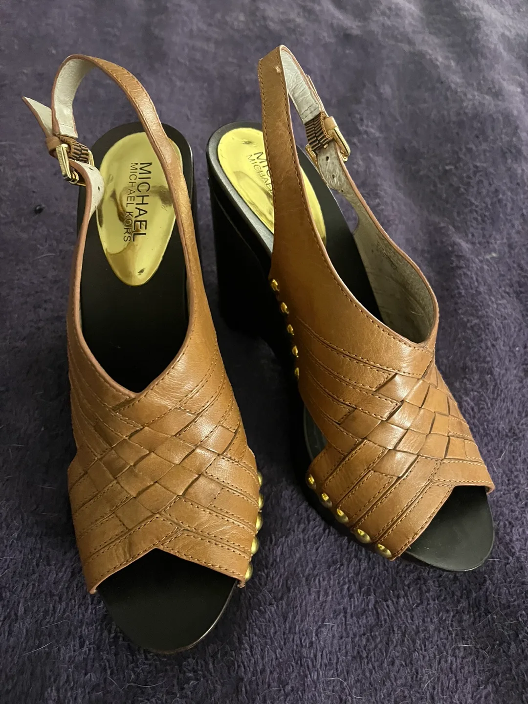 Michael Kors 8.5 Brown Leather Wedge Sandals thumbnail