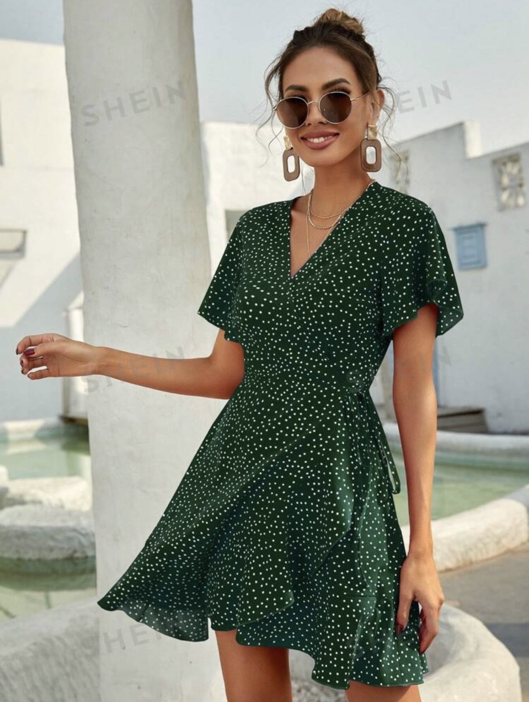 Green polka dot wrap dress
