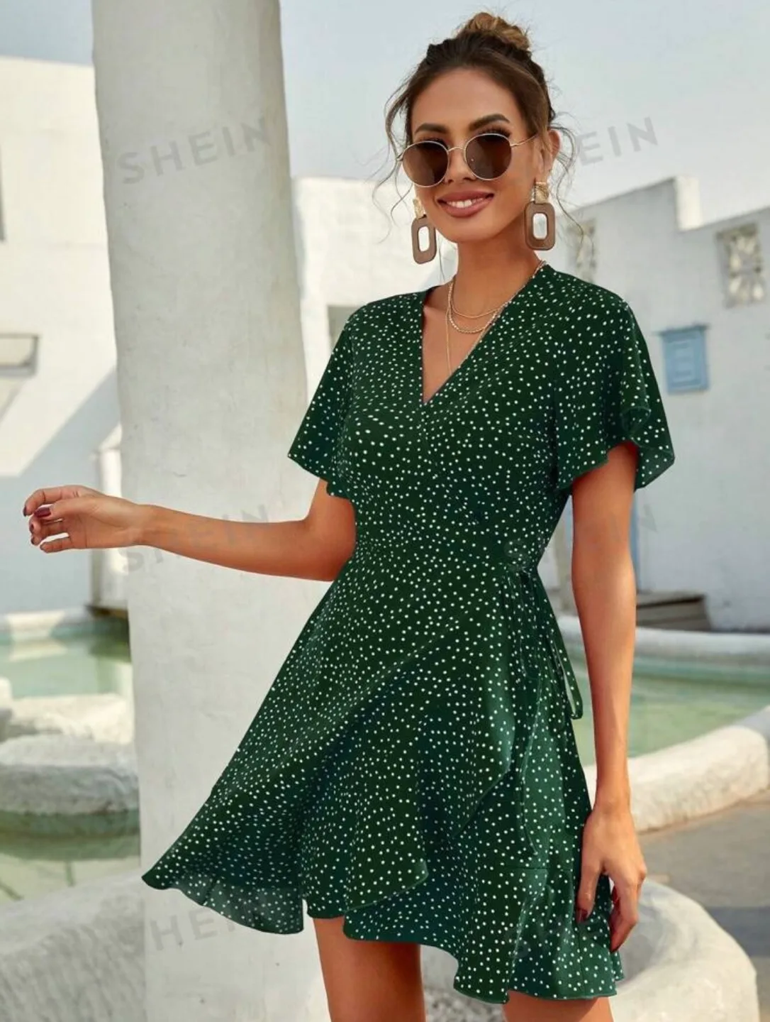Green polka dot wrap dress thumbnail