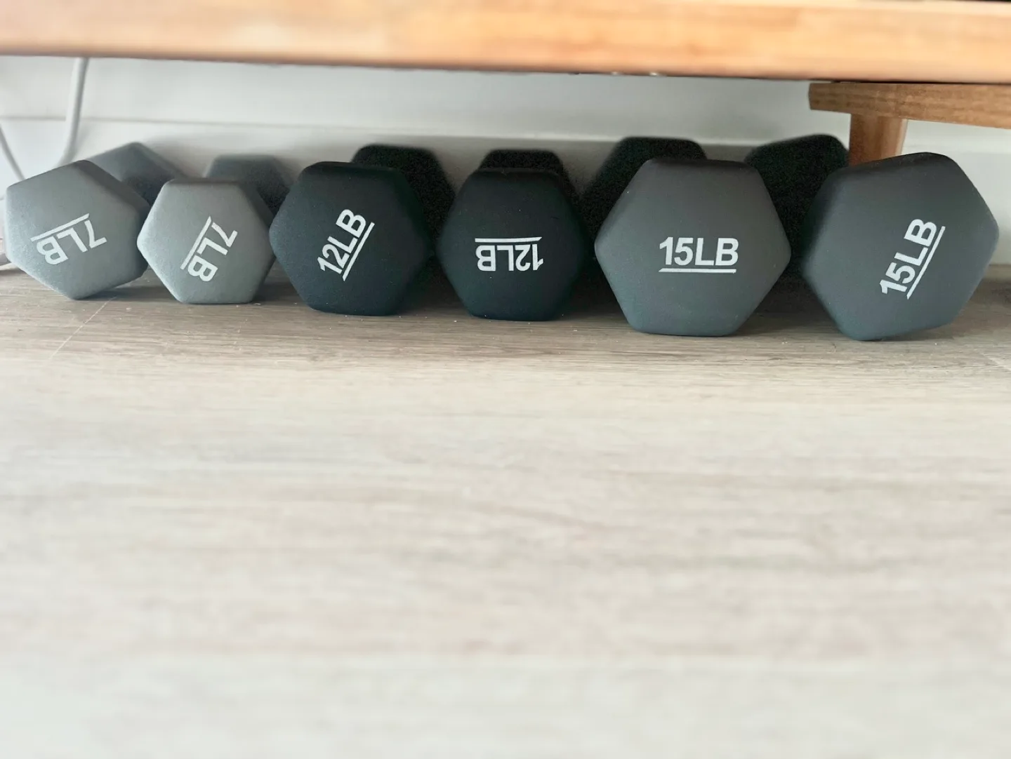 Set of 7 lb, 12lb and 15lb Dumbbells + ankle weights thumbnail