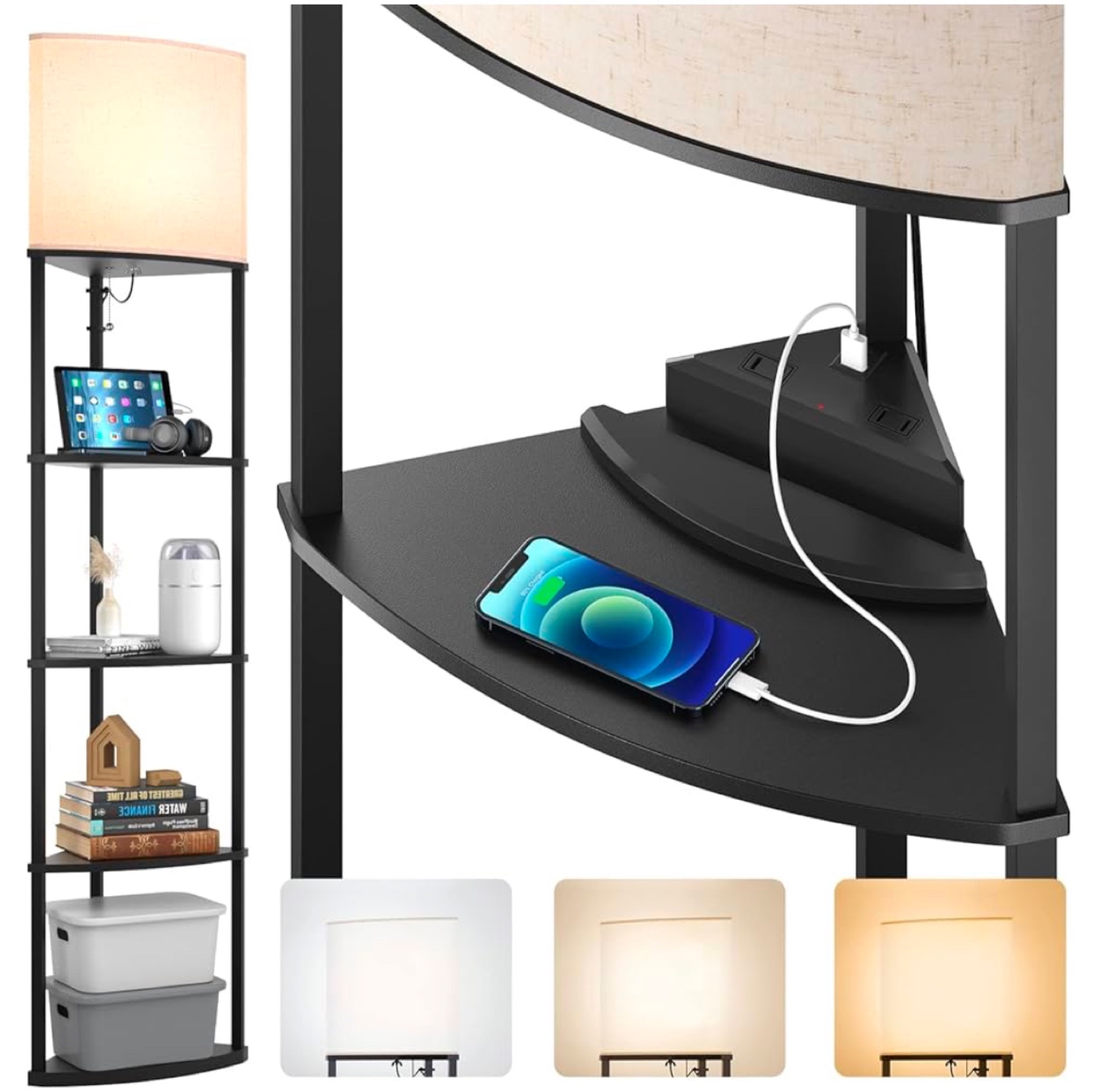 Corner Floor Lamp with Shelves and Charging Station - photo 2