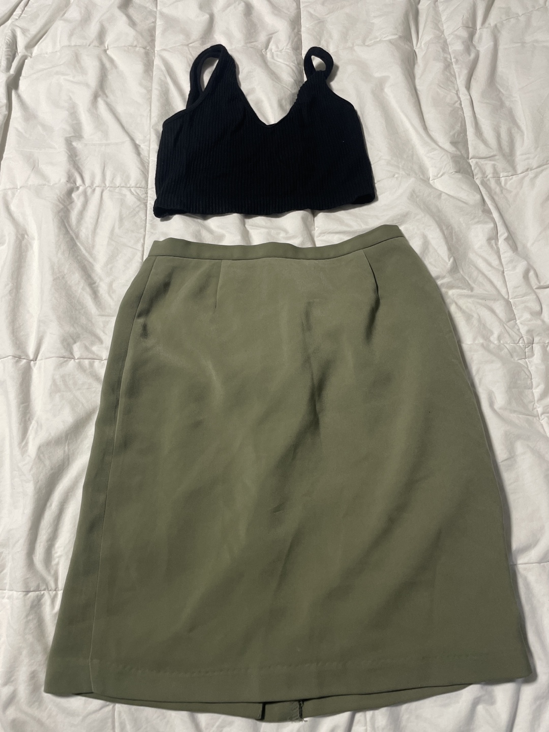Green Skirt and Black Crop Top