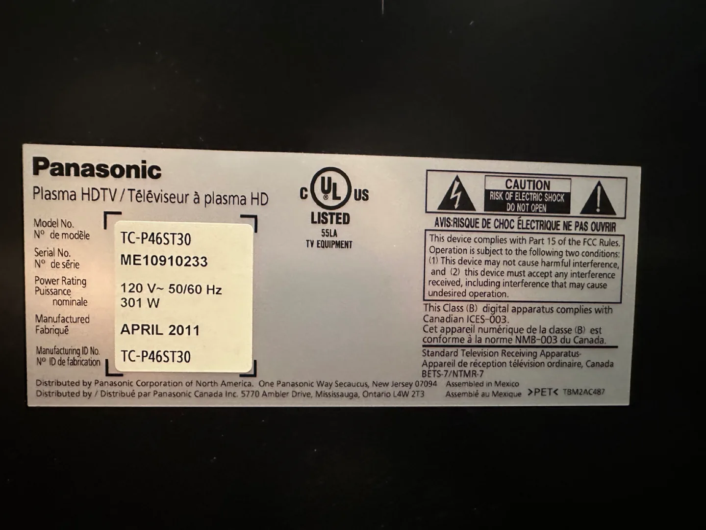 Panasonic Plasma TV 46” image indicator(4)