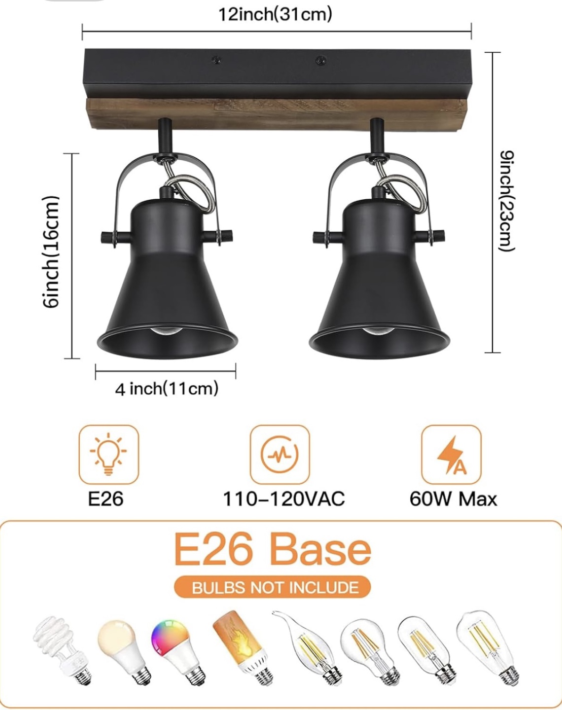NEW! Black and Wood 2 Light Track Lighting Fixture - photo 3