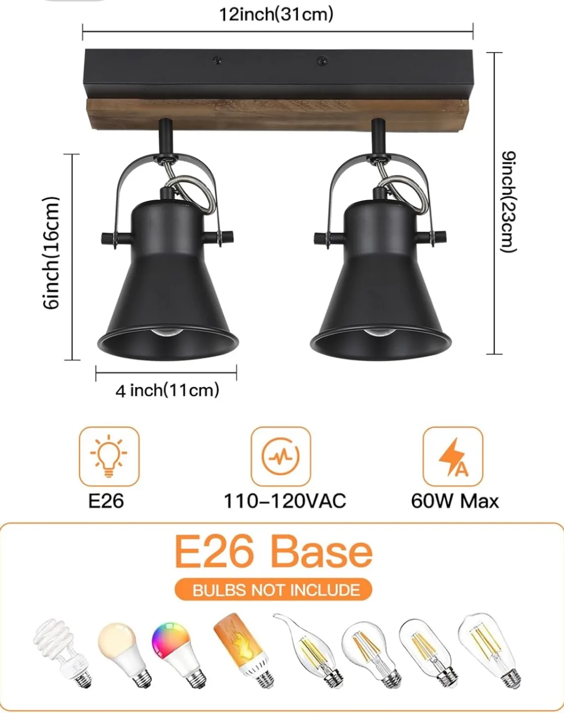 NEW! Black and Wood 2 Light Track Lighting Fixture image indicator(3)