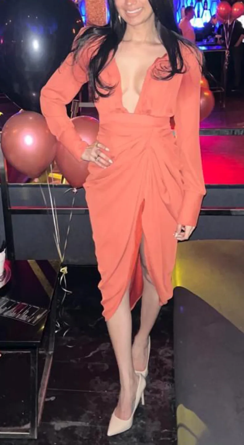 Red Long Sleeve Plunging Dress