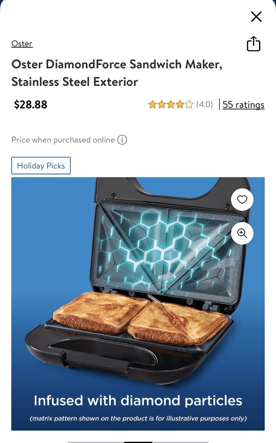 Oster DiamondForce Sandwich Maker, Stainless Steel - photo 2