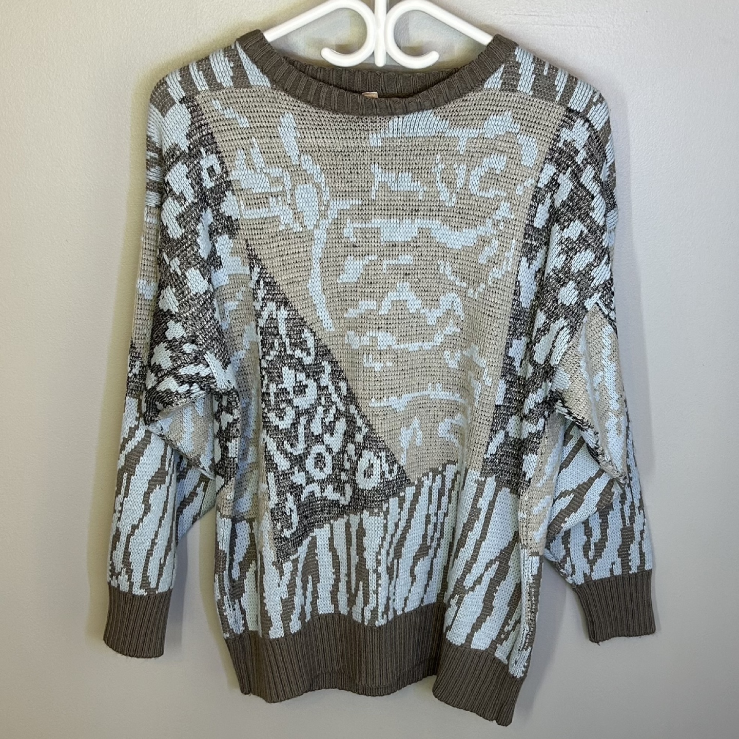 Vintage 80s Olsen Colorblock Animal Print Knit Sweater Sz M