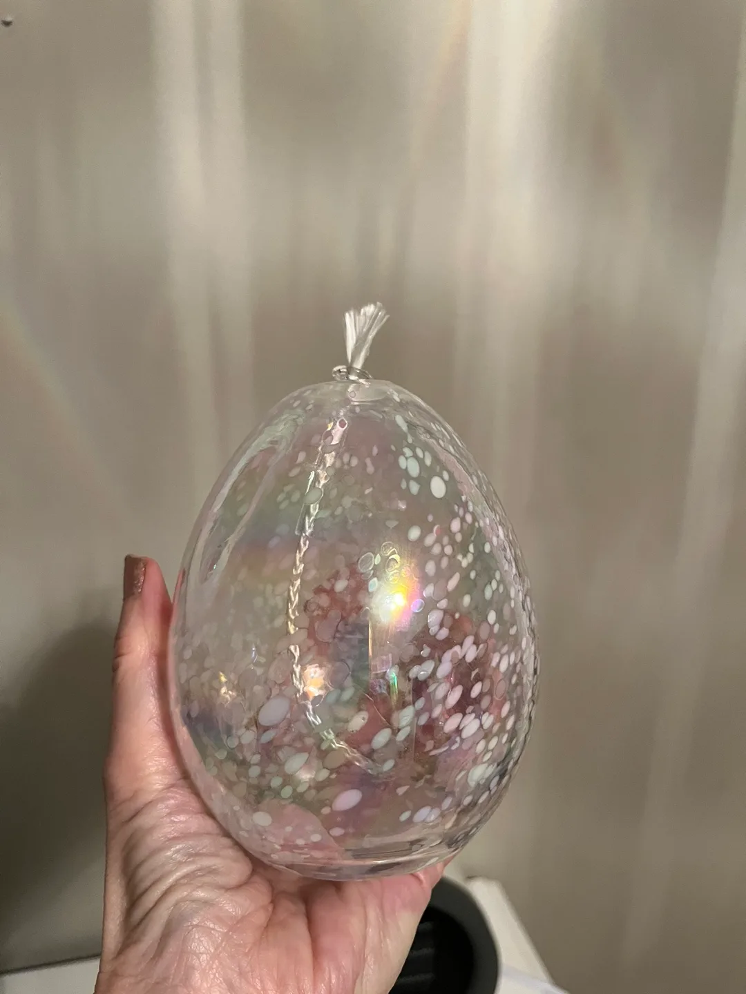 Brand new iridescent glass oil lamp. Wick w/glass stopper image indicator(5)