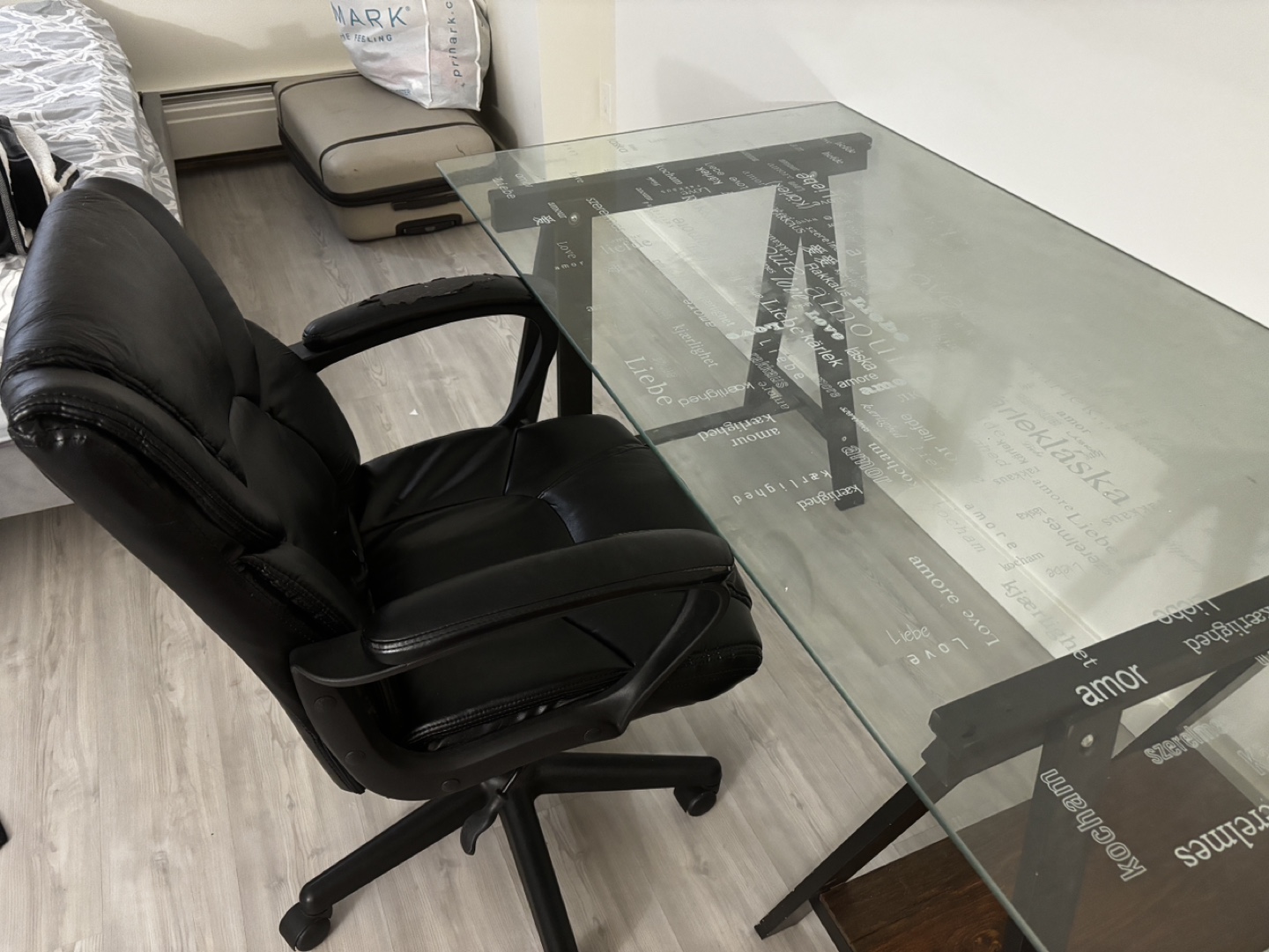 Glass Desk with Black Metal Frame and chair (both)