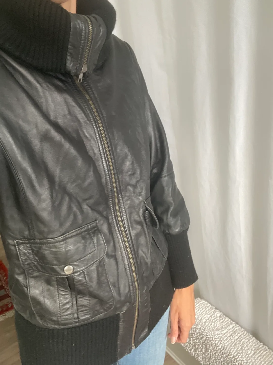 Black Leather Jacket with Knit Collar and Cuffs image indicator(2)