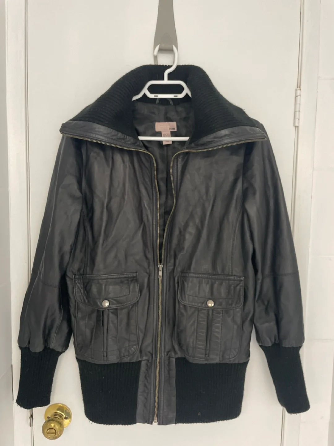 Black Leather Jacket with Knit Collar and Cuffs image indicator(4)