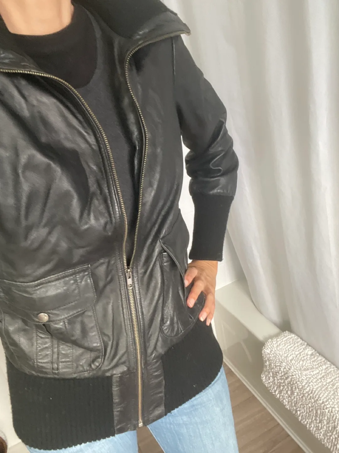 Black Leather Jacket with Knit Collar and Cuffs image indicator(3)