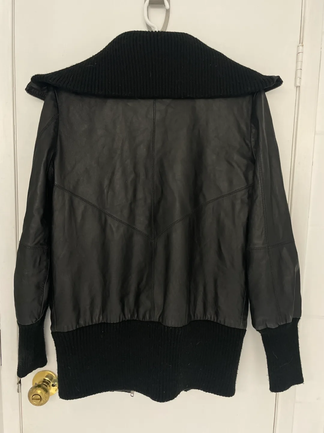 Black Leather Jacket with Knit Collar and Cuffs image indicator(6)
