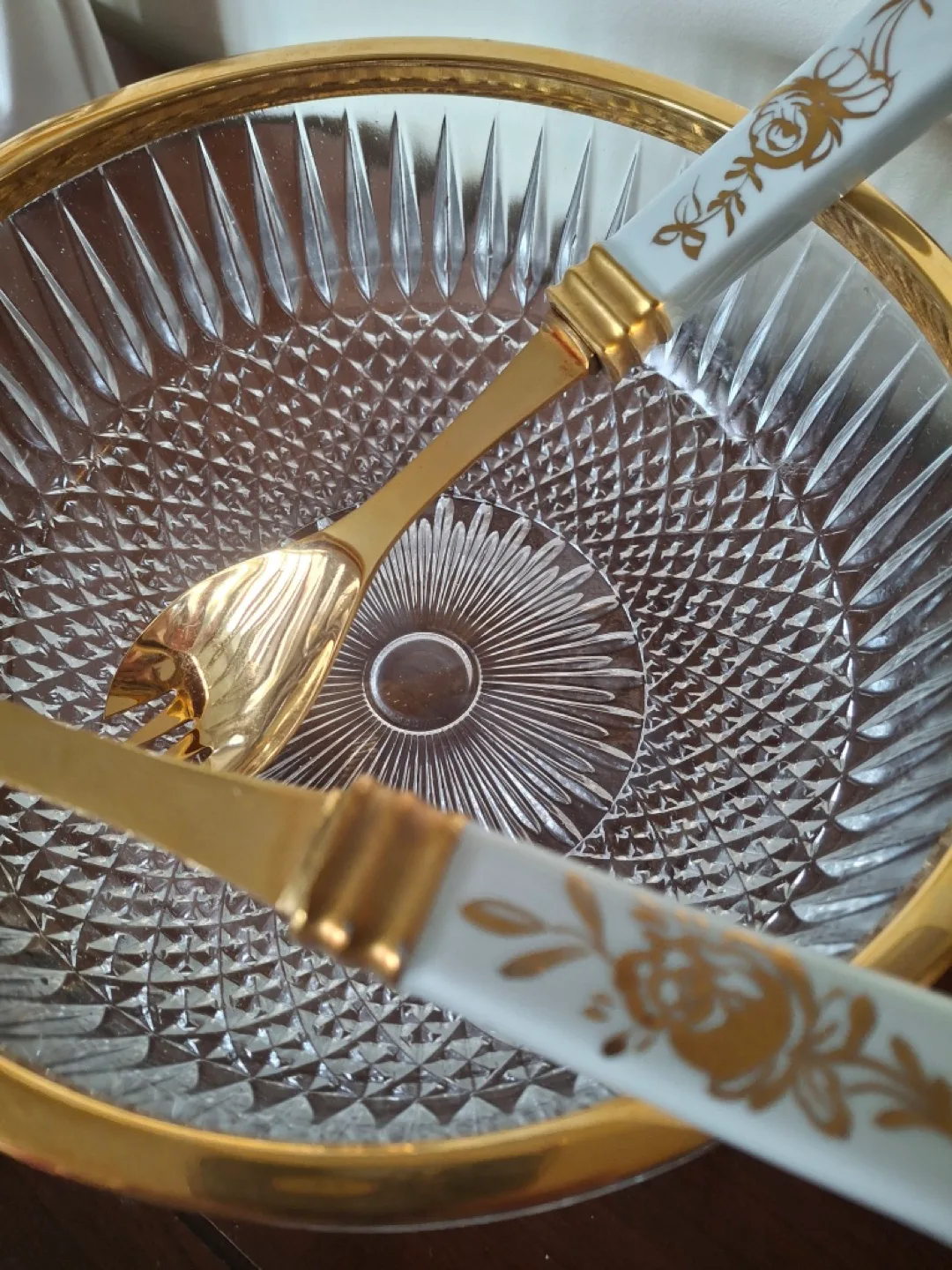 Crystal bowl with gold trim & salad servers image indicator(2)