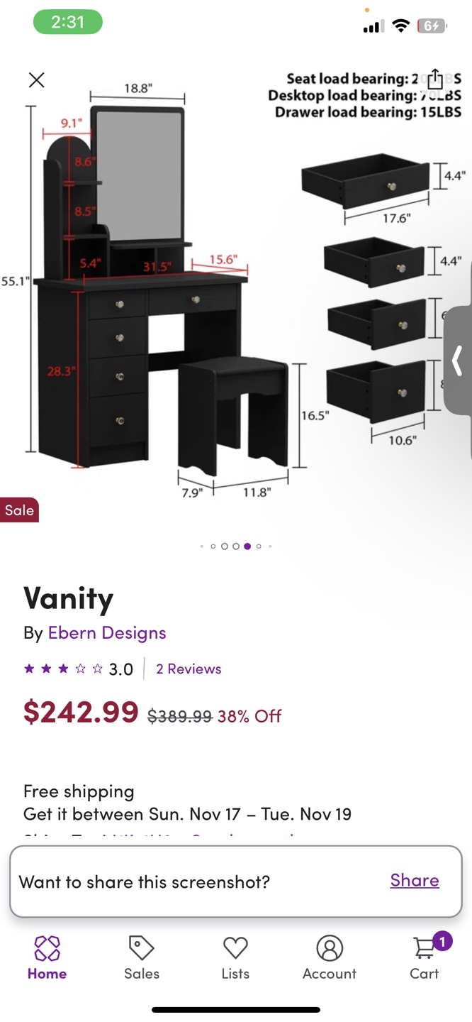 Black Vanity with Mirror and Stool - photo 4