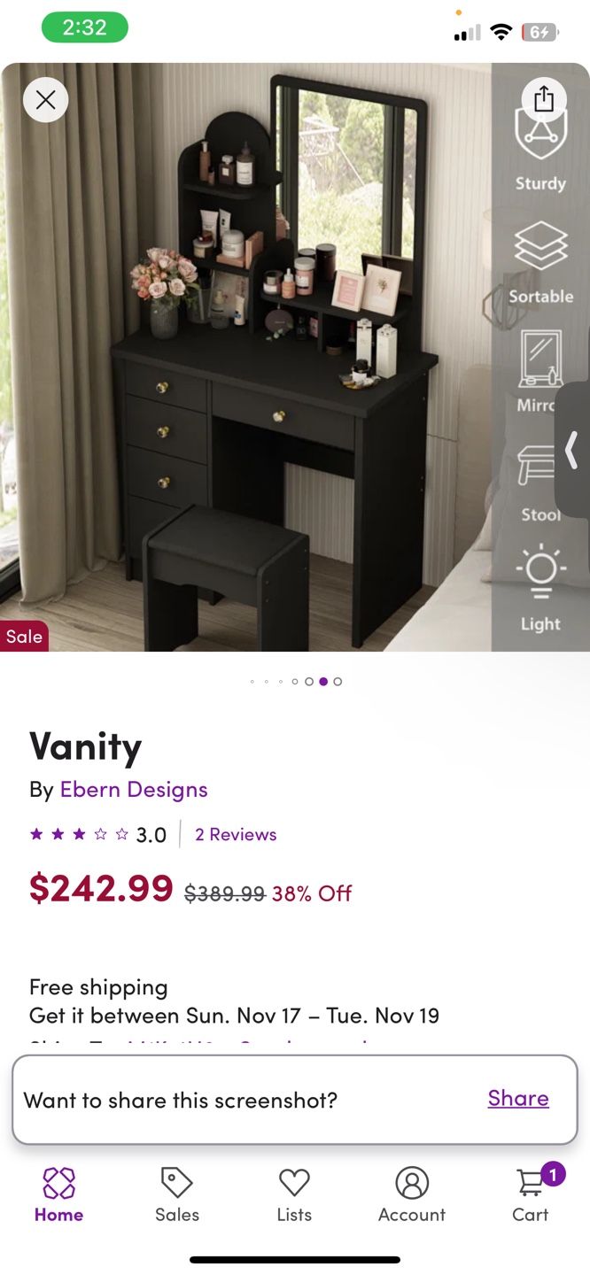 Black Vanity with Mirror and Stool - photo 2