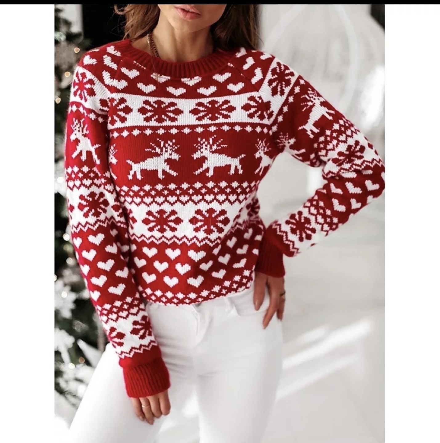 Red Christmas Sweater with Reindeer and Snowflake Pattern