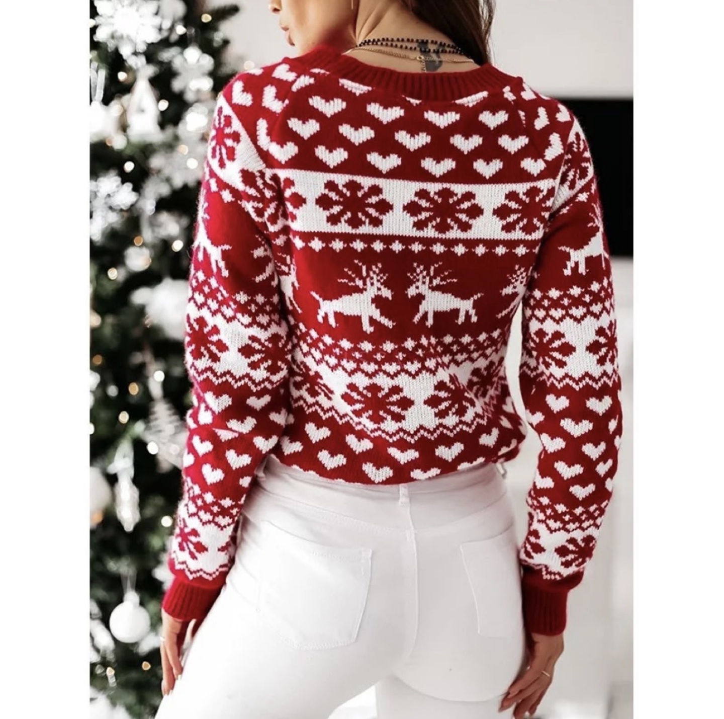 Red Christmas Sweater with Reindeer and Snowflake Pattern - photo 2