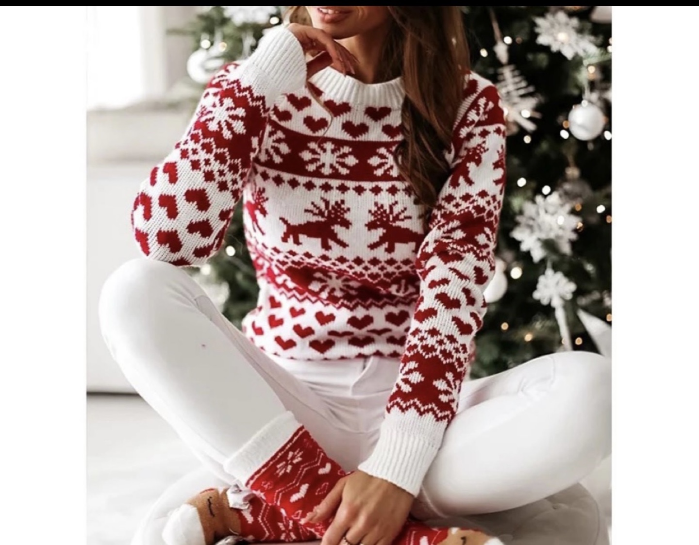 Red Christmas Sweater with Reindeer and Snowflake Pattern - photo 5