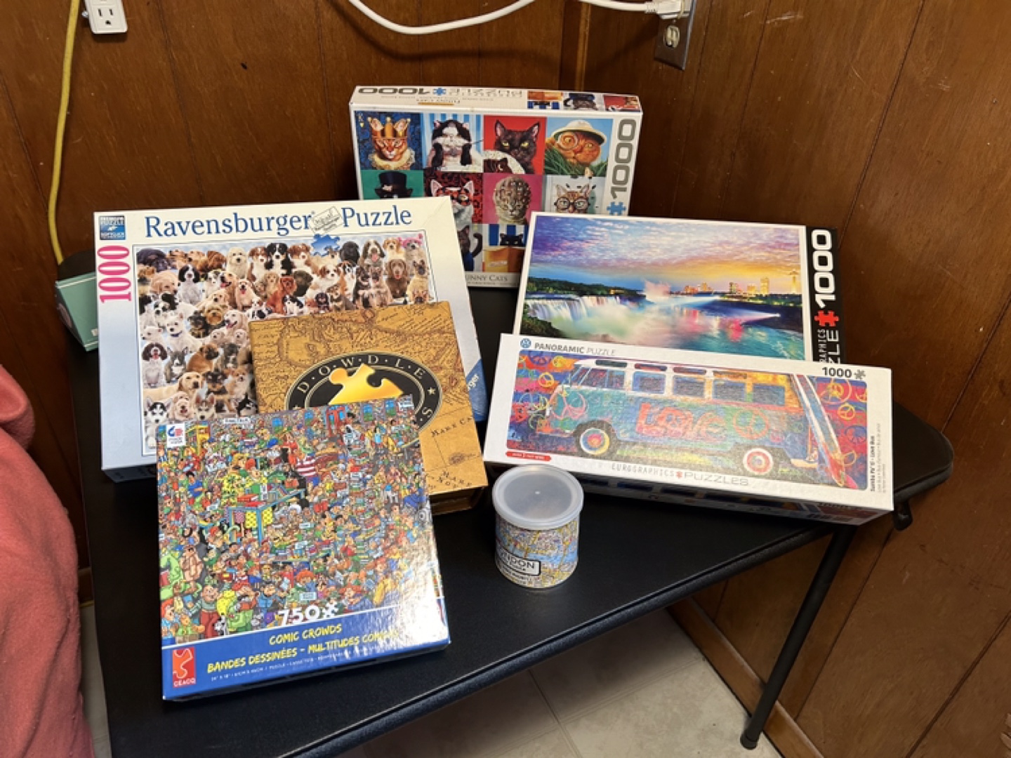 Assorted puzzles and puzzle mat