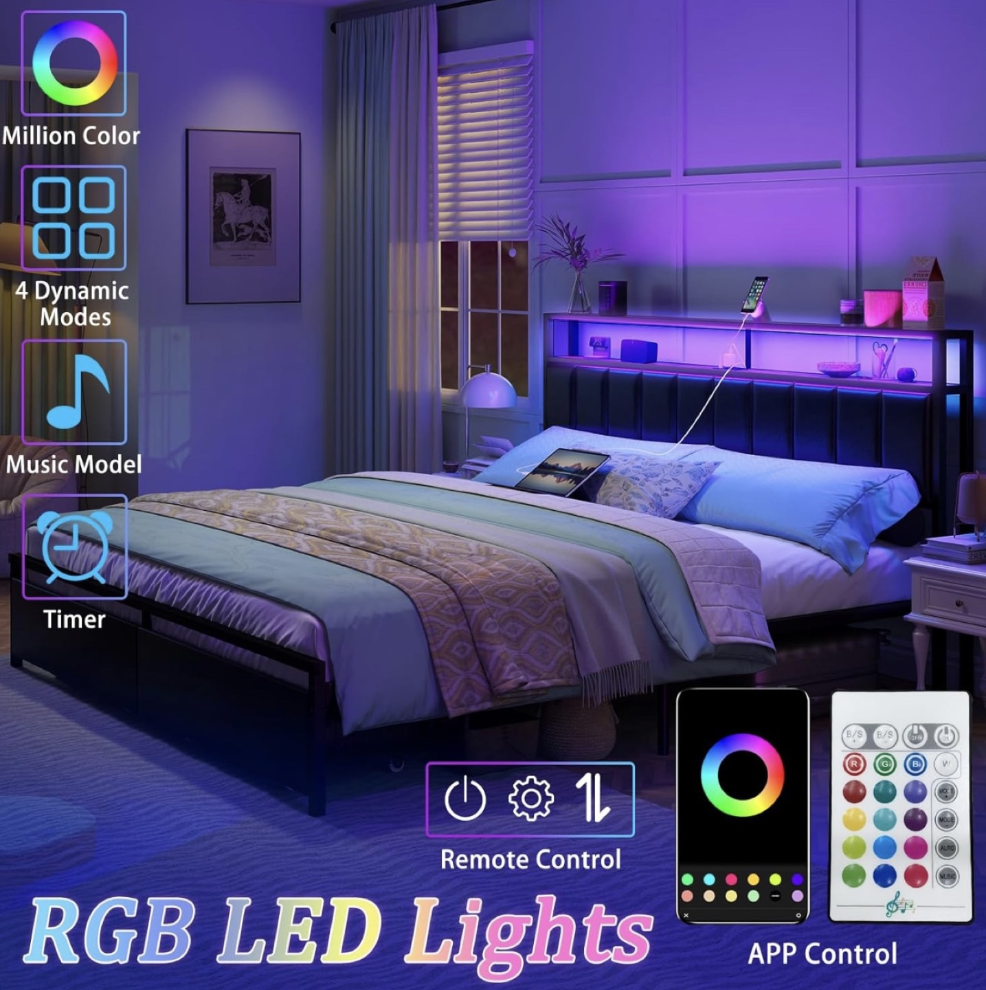King Size Bed Frame with Headboard Storage and LED Lights - photo 3