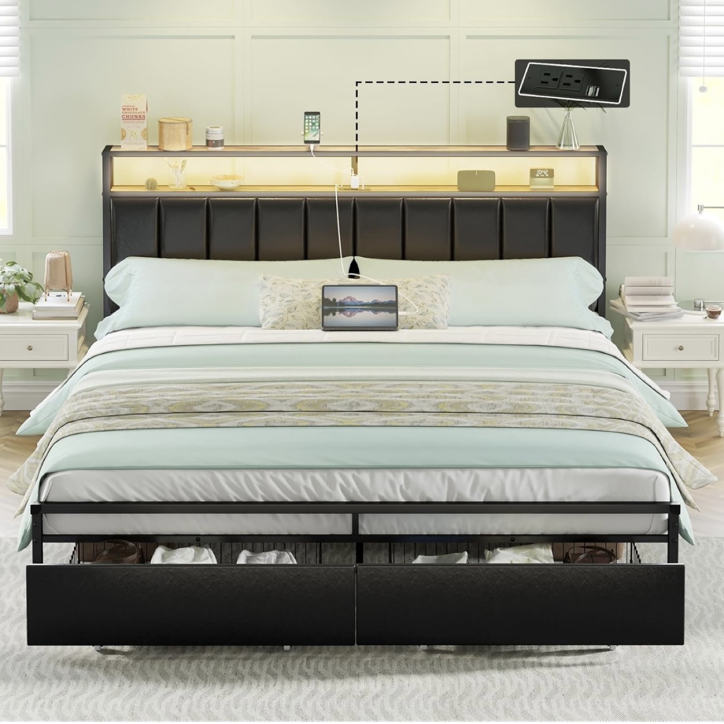 King Size Bed Frame with Headboard Storage and LED Lights