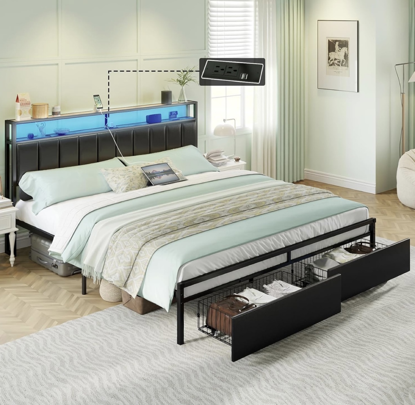 King Size Bed Frame with Headboard Storage and LED Lights - photo 4