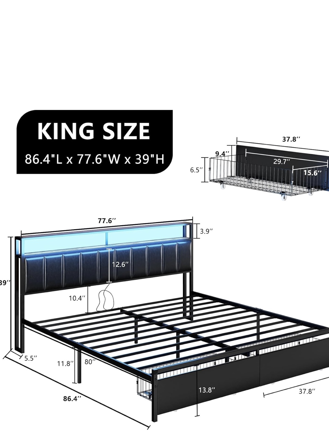 King Size Bed Frame with Headboard Storage and LED Lights - photo 2