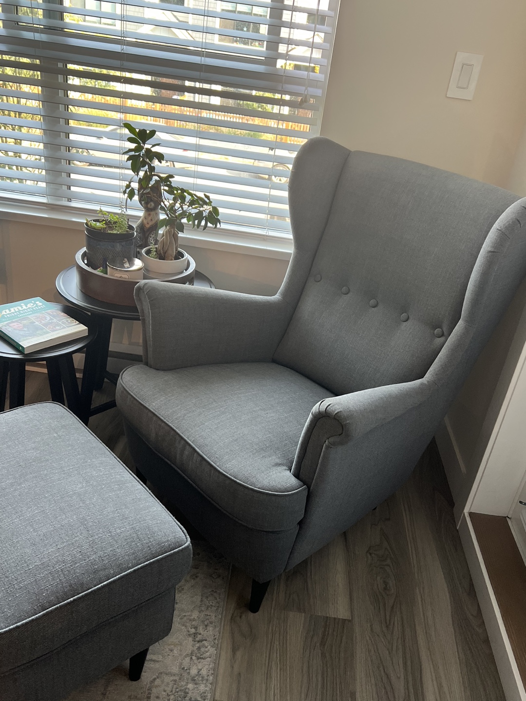 IKEA STRANDMON Armchair and Footstool, Dark Gray