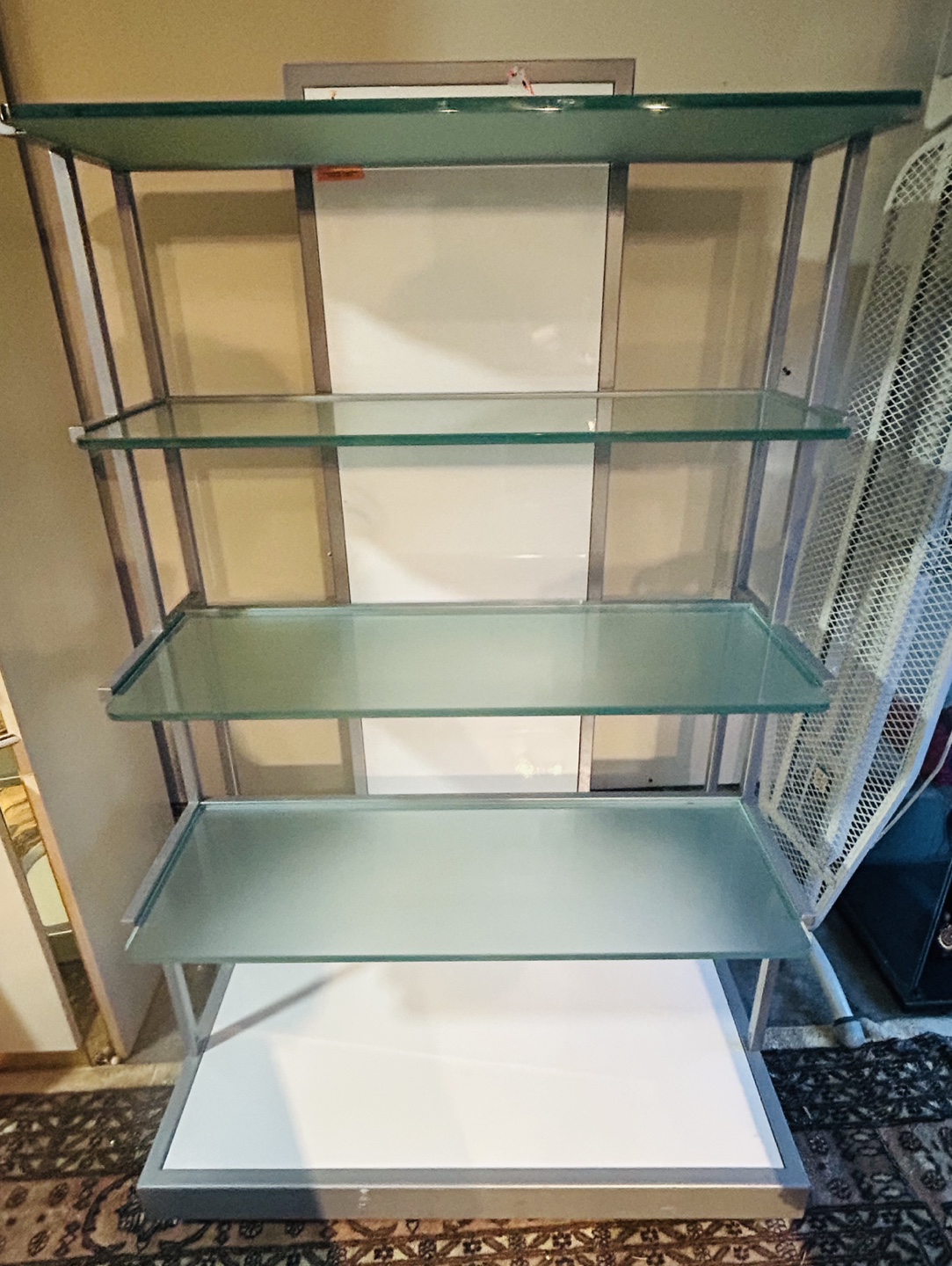 Glass and Metal Shelving Unit with Mirror