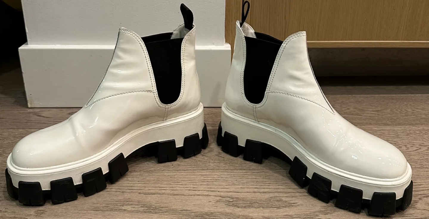 Authentic Prada White Patent Leather Chelsea Monolith Boots image indicator(2)