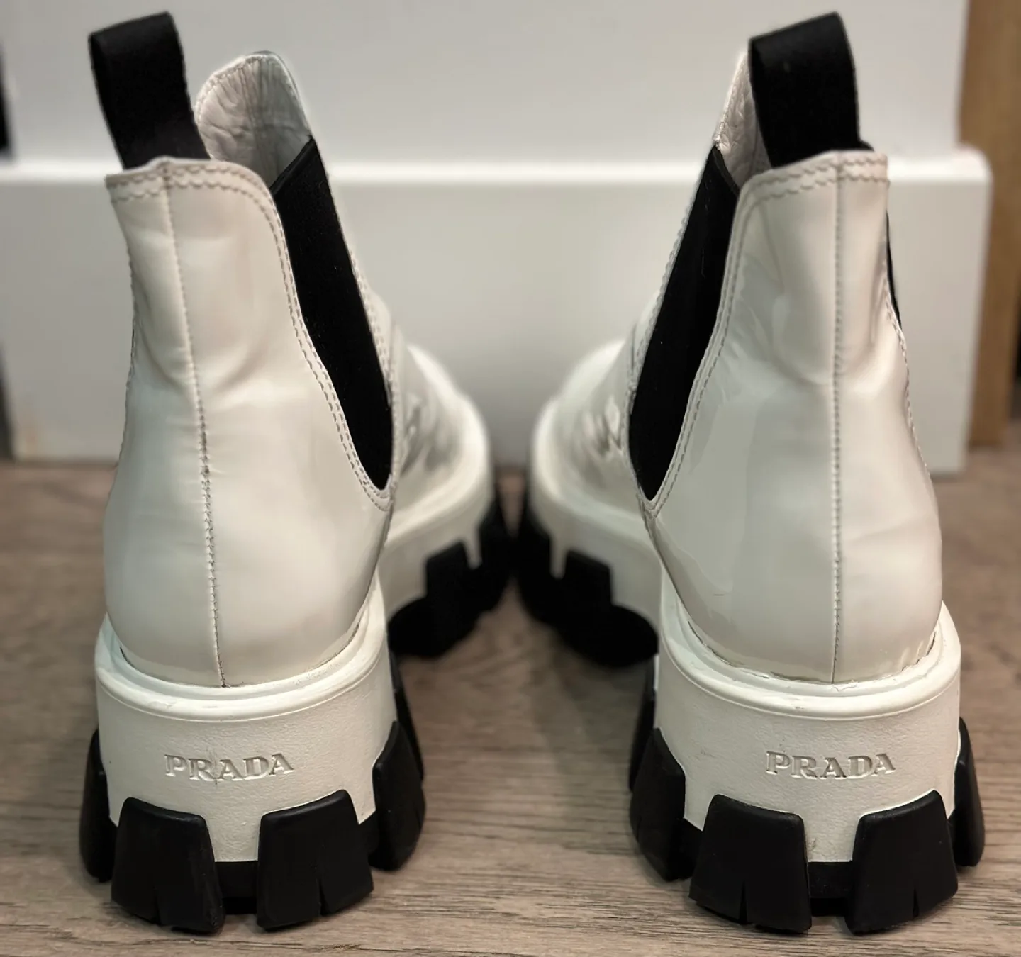 Authentic Prada White Patent Leather Chelsea Monolith Boots image indicator(4)