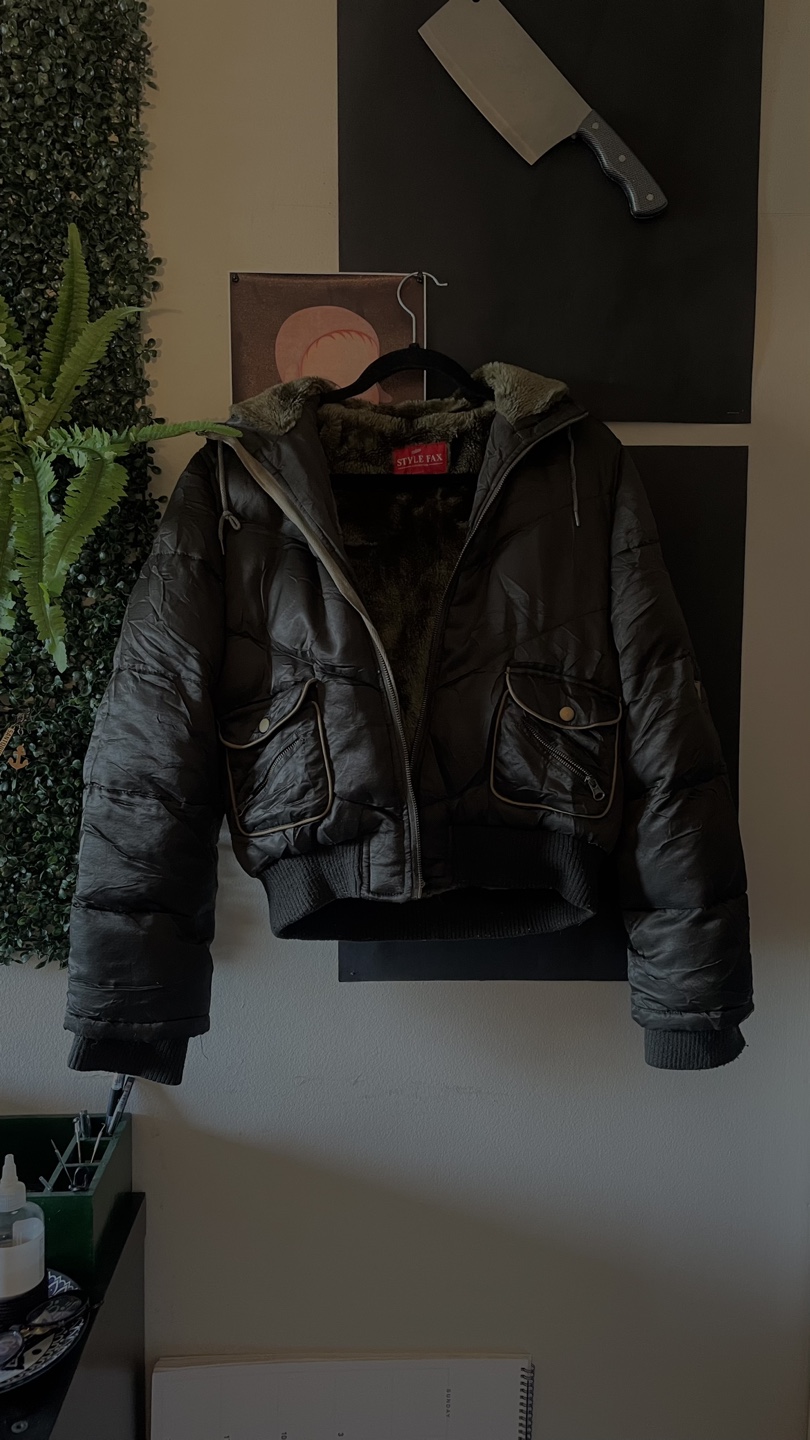 Y2k cropped dark olive green puffer jacket