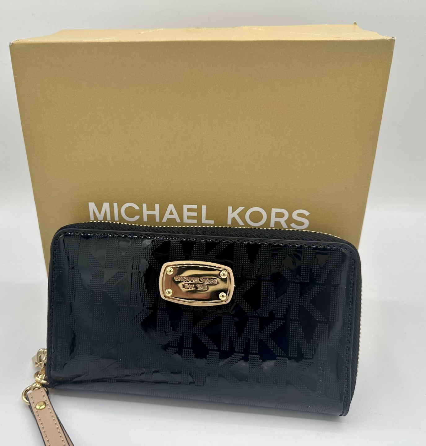 Michael Kors Black Patent Leather Zip Around Wallet