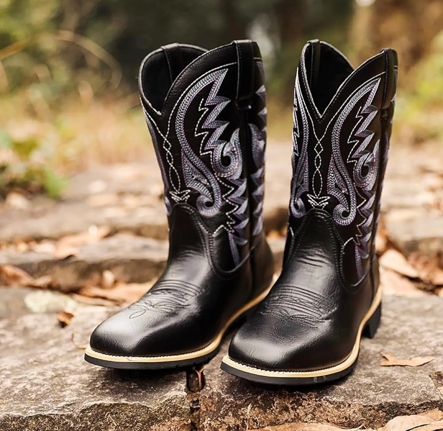 Womens Mid Calf Chunky Heel Western Cowgirl Boots, Sz 7, Black image indicator(2)