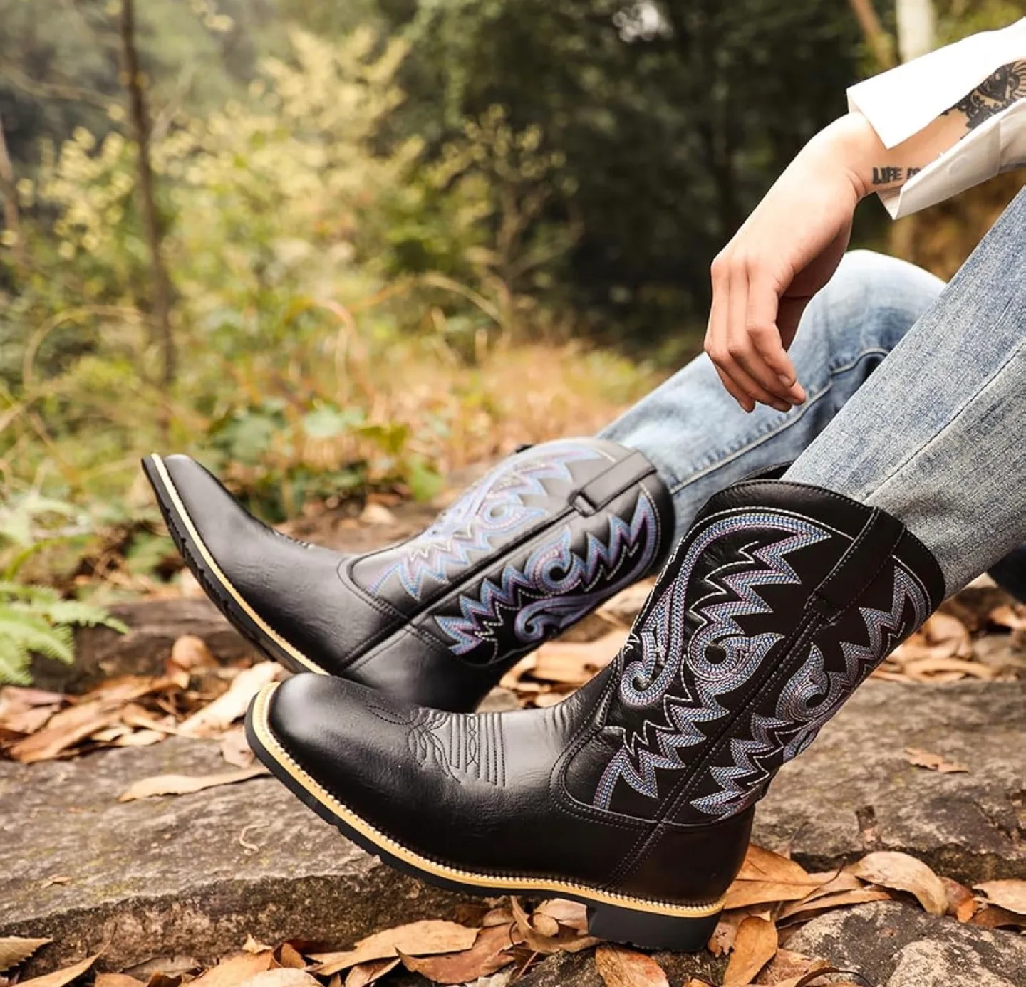 Womens Mid Calf Chunky Heel Western Cowgirl Boots, Sz 7, Black image indicator(3)
