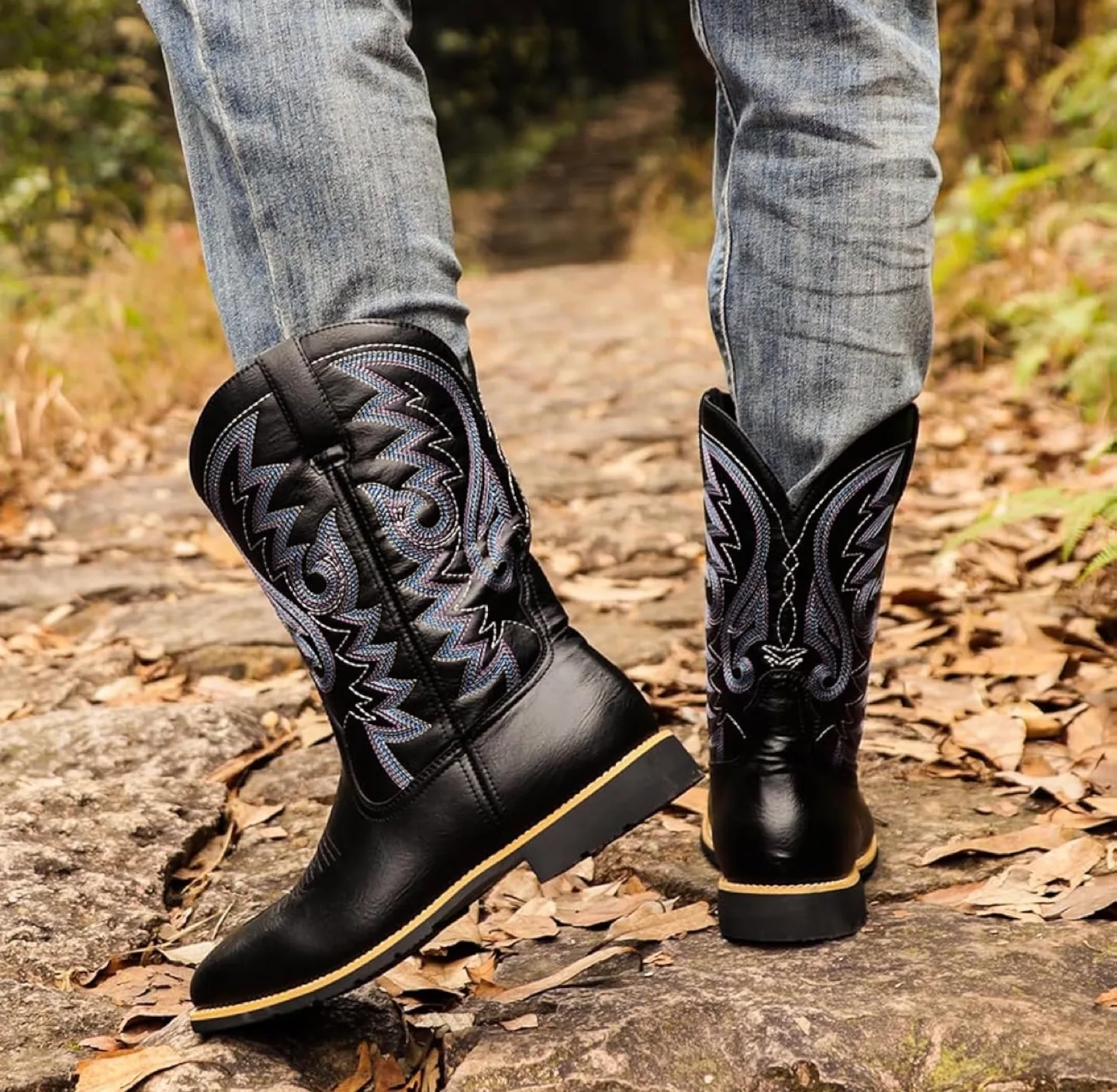 Womens Mid Calf Chunky Heel Western Cowgirl Boots, Sz 7, Black image indicator(4)