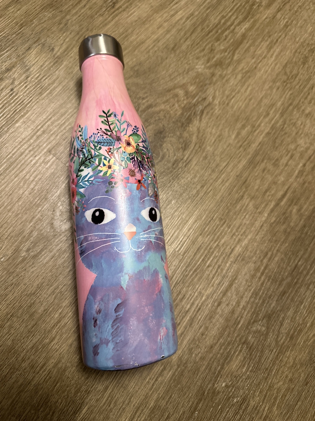 Water Bottle with Floral Cat Design