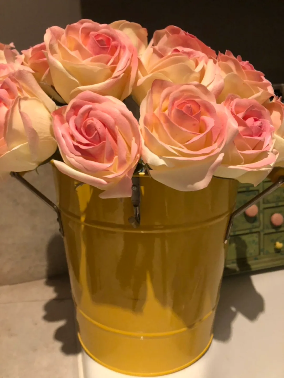 Like New - 15 Artificial Rose Bouquet in Yellow Bucket image indicator(2)