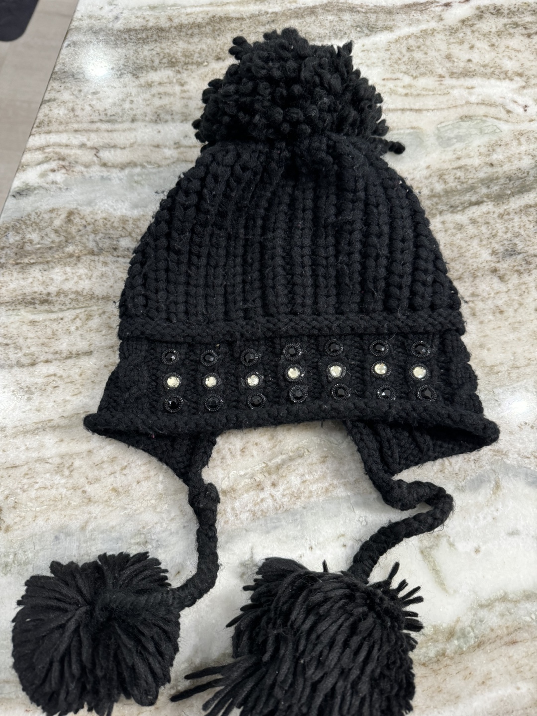Black Knit Beanie with Pom Pom and Rhinestones