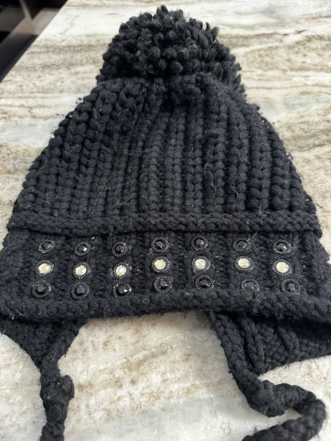 Black Knit Beanie with Pom Pom and Rhinestones - photo 3