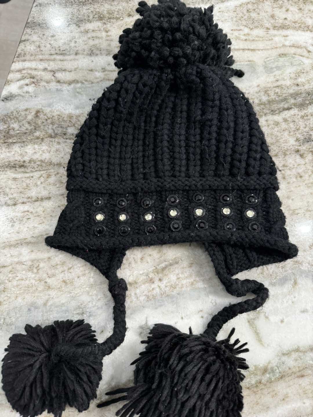 Black Knit Beanie with Pom Pom and Rhinestones - photo 2